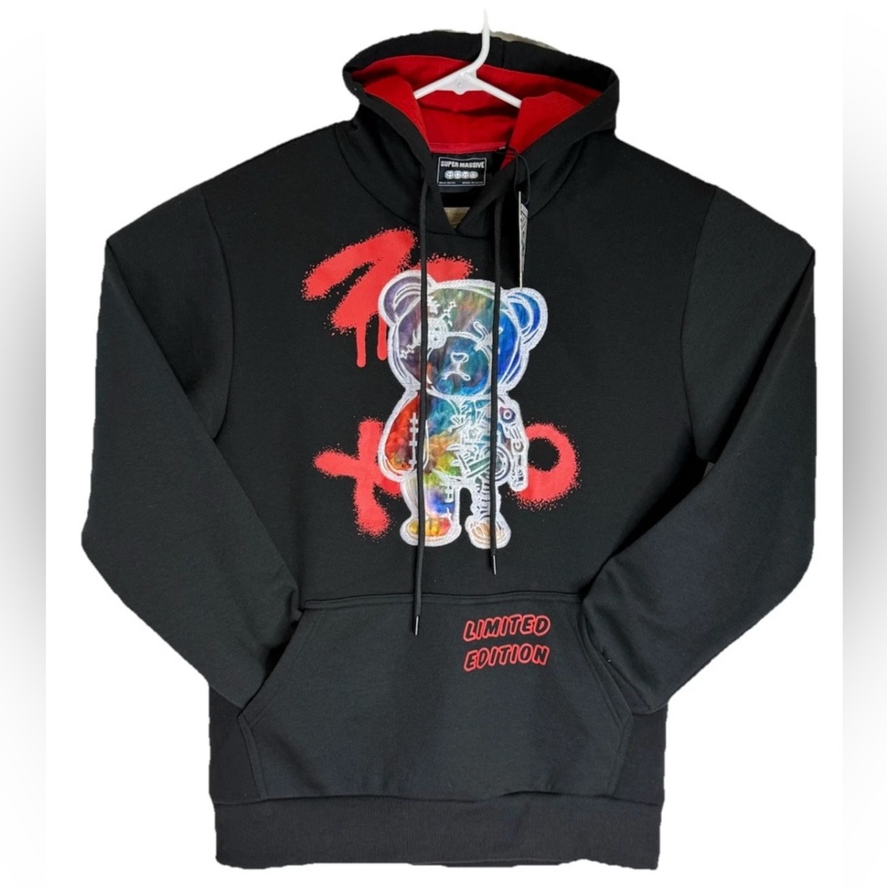 Black hoodie sweater with embroidered multicolor bear